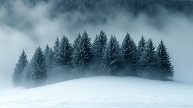   A monochrome image of a snow-capped hill dotted with pine trees in the foreground, and fog enshrouding the backdrop