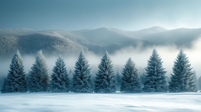   A cluster of pine trees silhouetted against a mountain shrouded in fog, with low-lying clouds clinging to its base