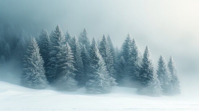   A scene of trees cloaked in snow amidst a foggy day, featuring trees in the foreground