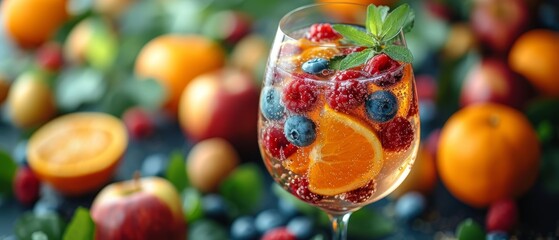   A glass filled with fruit –– oranges and blueberries –– sits atop a table, nearby rests a mound of these same fruits