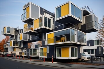 Colorful modular homes , Industrialized construction of modular homes, Modern Architecture for Modular Homes. Explore Luxury Row House Design with Exquisite Exterior , AI generated