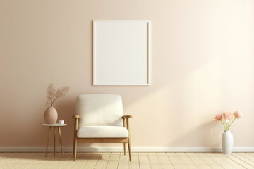Soft color wall with a single beige chair and blank frame.