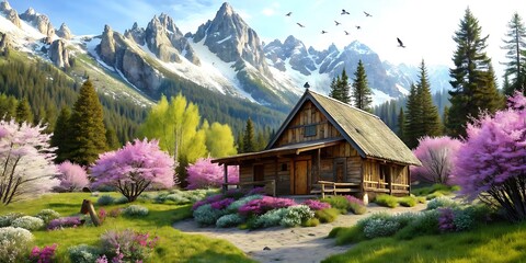 Fototapeta premium Rustic Mountain Cabin Retreat With Spring Cherry Blossom, spring background, spring landscape