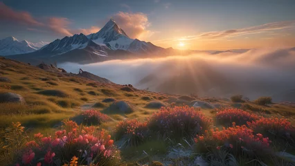 Fototapeten Sunrise over Mountain Peaks with Radiant Wildflowers © CreativeCanvas