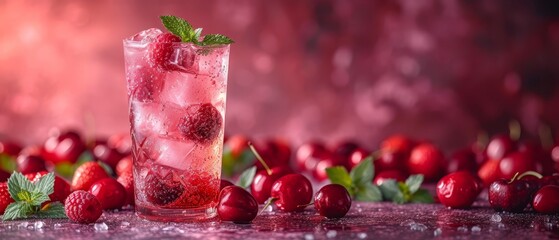   A glass, filled with ice and cherries, sits near an abundance of cherries on a pink-hued table - obrazy, fototapety, plakaty