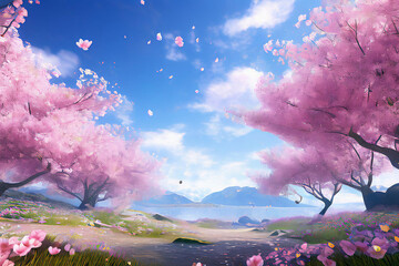 Illustration background of cherry blossoms in full bloom and petals dancing in the blue sky