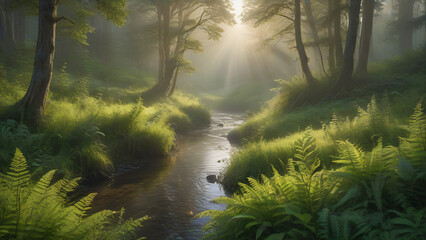 Sunrays Filtering Through Misty Forest Over Stream