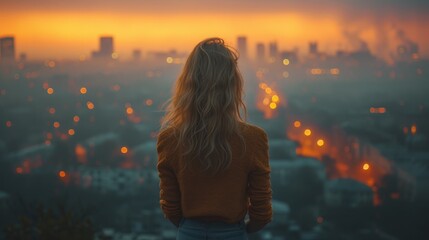   A woman stands atop a hill, gazing at the city below bathed in night's soft glow Lights twinkle in the velvet sky above, while building outlines define - obrazy, fototapety, plakaty