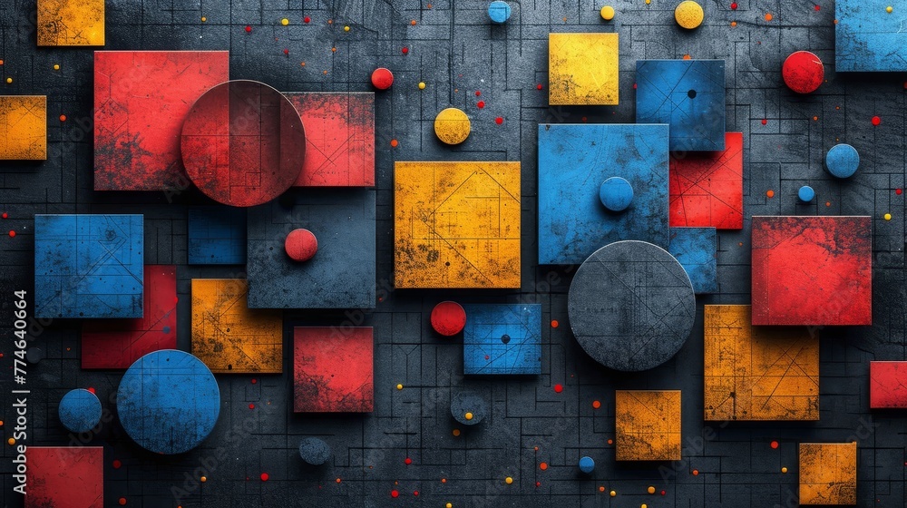 Wall mural   An abstract painting features red, yellow, and blue squares and circles against a black backdrop Red, yellow, orange, and blue circles are present as well