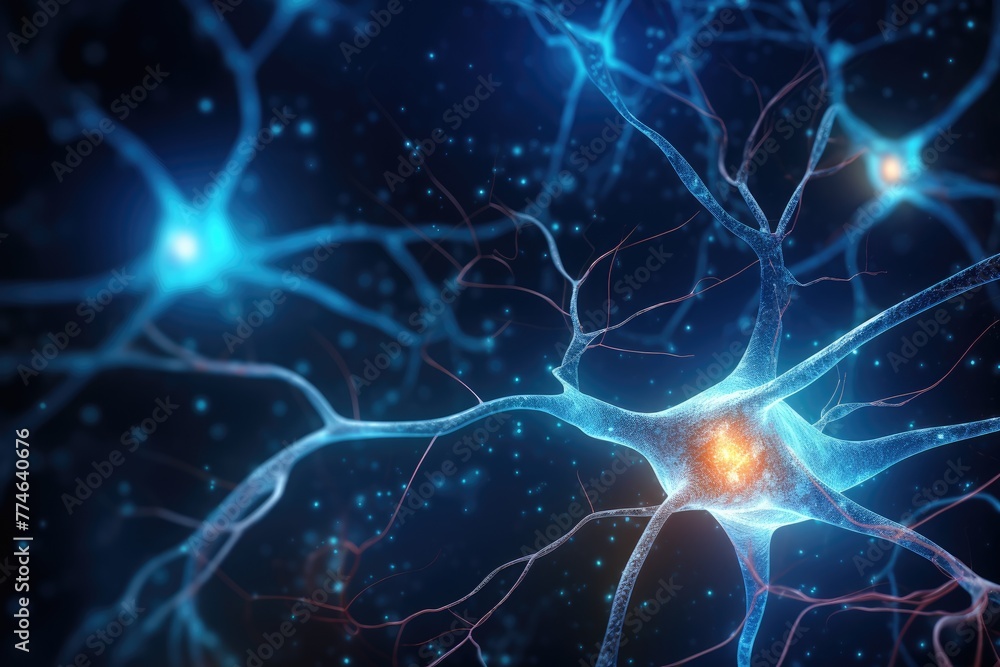 Poster lighting neuron cell, 3d rendering of neuron cell with neurons and nervous system science background