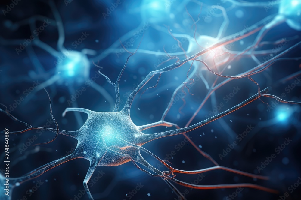 Poster lighting neuron cell, 3d rendering of neuron cell with neurons and nervous system science background
