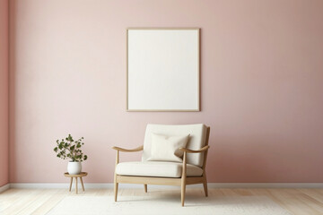Soft color wall with a beige Scandinavian chair and empty frame.