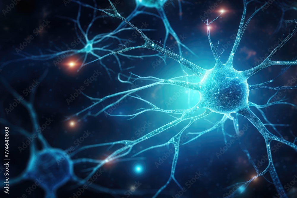 Poster lighting neuron cell, 3d rendering of neuron cell with neurons and nervous system science background