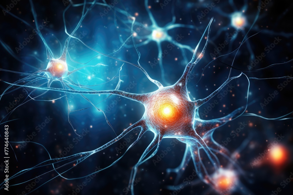 Poster lighting neuron cell, 3d rendering of neuron cell with neurons and nervous system science background