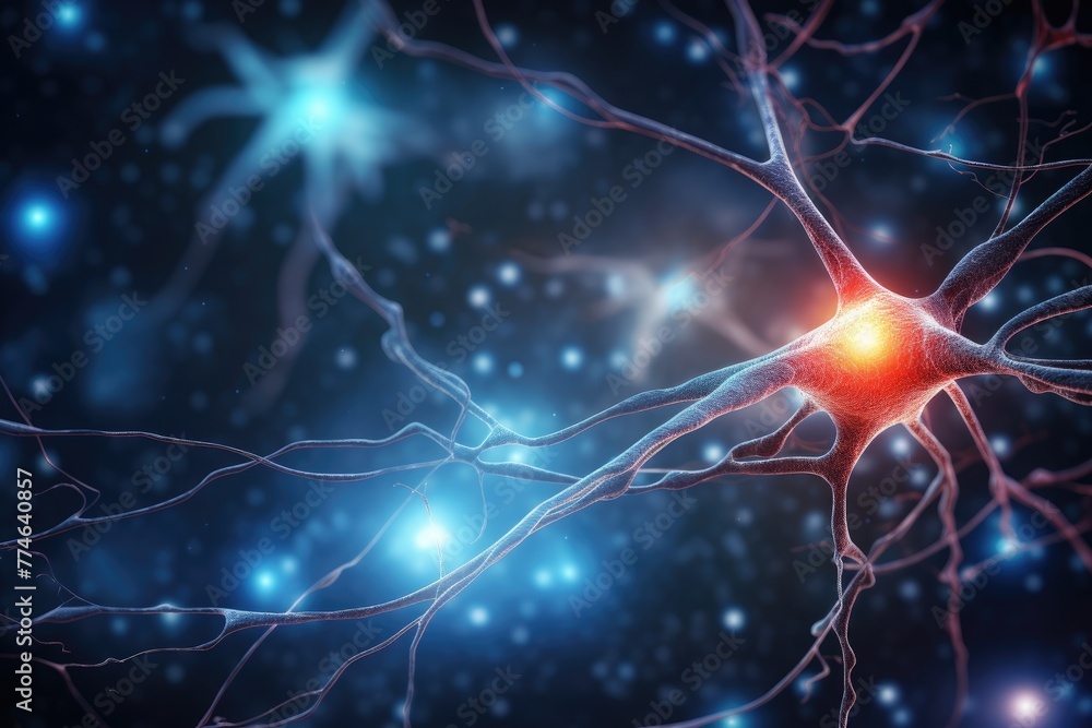 Poster lighting neuron cell, 3d rendering of neuron cell with neurons and nervous system science background