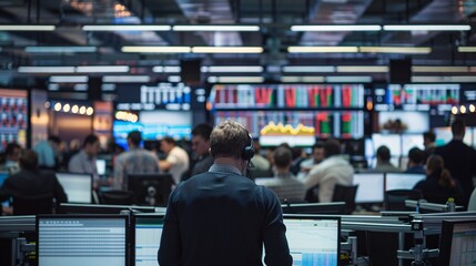 Wall Street Trading: Busy Office Environment with Stock Market Action - obrazy, fototapety, plakaty