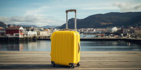 Yellow travel suitcase on a wooden pier with a port city in the background. Tourist season...