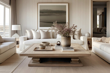 Soft beige hues dominate the living space, where two sofas and a weathered wooden table reside. A...