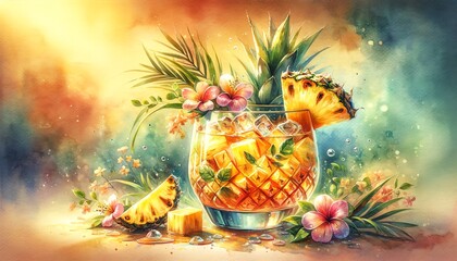 Watercolor Painting of Grilled Pineapple–Tequila Punch