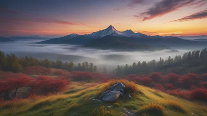 Foto op Plexiglas Sunset Glow over Misty Mountains and Autumn Forest © CreativeCanvas