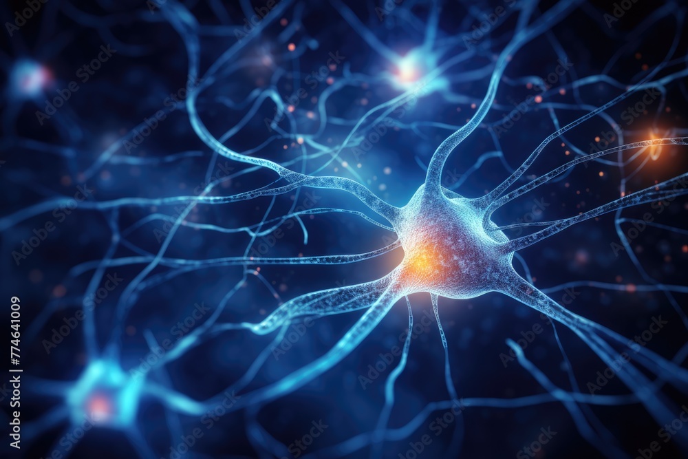Poster lighting neuron cell, 3d rendering of neuron cell with neurons and nervous system science background