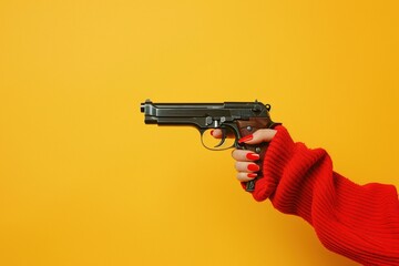 Eine Frau mit rot lackierten Fingernägeln hält eine Pistole in der Hand, gelber Hintergrund 