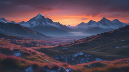Majestic Sunset Over Snow-Capped Mountain Peaks