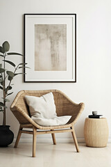 Soak up the boho ambiance modern living space, wicker chair, floor vases, and a blank mockup poster frame against a crisp white wall.