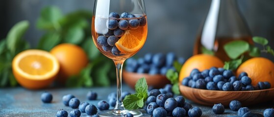   A glass of wine, a bowl with blueberries and oranges, and a bottle on the table