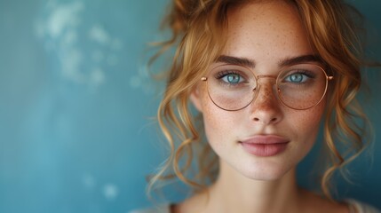   A woman in close-up, donning glasses and a white T-shirt, set against a blue backdrop - obrazy, fototapety, plakaty