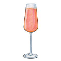 Glass of champagne watercolor illustration. Hand drawn image of a sparkling alcoholic wine drink on...
