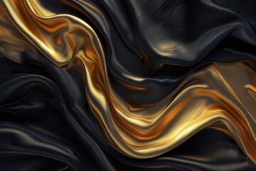   A tight shot of black-and-gold fabric, displaying undulating wave patterns along its upper and lower edges - obrazy, fototapety, plakaty
