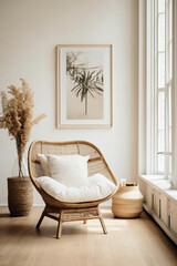 Soak up the boho ambiance modern living space, wicker chair, floor vases, and a blank mockup poster...