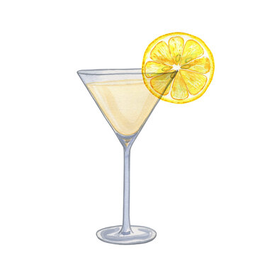 Martini cocktail in a glass goblet watercolor illustration. Hand drawn image of vermouth with a piece of lemon on an isolated background. For the bar and menu.