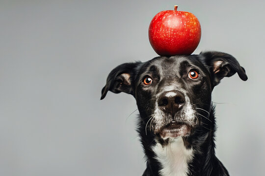Funny black dog with red appe  fruit on head in front of gray studio background with copy space