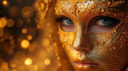  gold glitter adorns cheeks, gold mask conceals eyes - obrazy, fototapety, plakaty