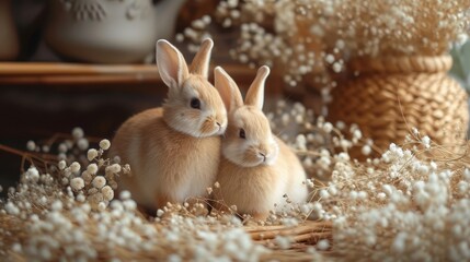   A couple of rabbits seated next to one another atop a white baby's breath flower bed