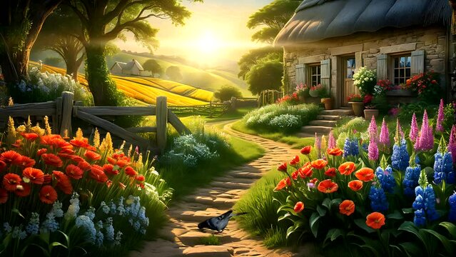 Home and garden with flowers at sunrise