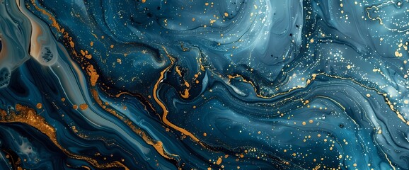 Abstract patterns reminiscent of nature's beauty come alive in a mesmerizing blend of liquid blues and gold elements. - obrazy, fototapety, plakaty