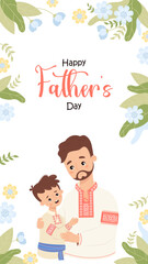Happy Father's Day poster. Ukrainian man dad with son in traditional embroidered clothes vyshyvanka on white background with yellow blue flowers. Vertical template festive banner. Vector illustration.
