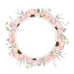 Fototapeta na wymiar Anemone rose flowers and leaves. Isolated hand drawn watercolor frame of pink poppies. Summer floral wreath for wedding invitations, cards, packaging of goods