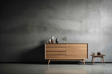 Sleek dresser and cabinet against raw concrete, blank poster frame.