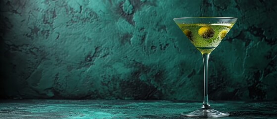   A martini glass holds emerald-hued liquid, garnished with two olives atop its green-backdropped rim - obrazy, fototapety, plakaty