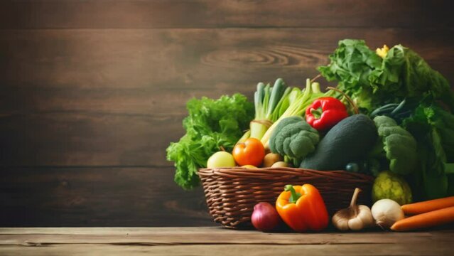 basket with various organic vegetables and fruits Old rough wood background,