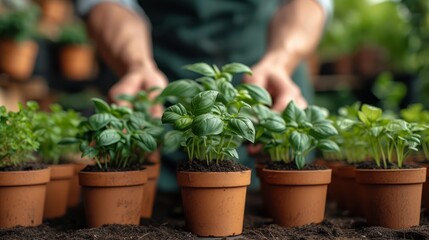   A man in a green apron holds a row of potted basil plants