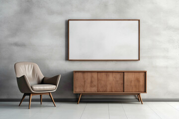 Sleek design with wooden cabinet, dresser, and empty poster frame against textured concrete wall in...