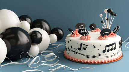A 3D-rendered cake for a music lover, with edible musical notes and instruments, next to black and...