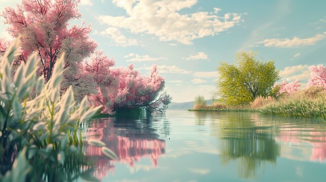 Lake water reflection green trees and pink grasses 3d render summer background  ,Generative ai, 