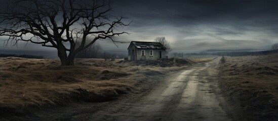 Fototapeta premium A simple house is situated along a rustic country path, with a leafy tree standing tall in the distant background