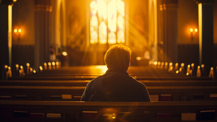 .A photograph capturing a moment of prayer and reflection in a serene chapel - obrazy, fototapety, plakaty